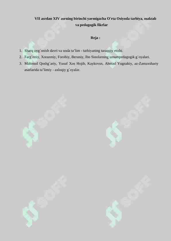 VII asrdan XIV asrning birinchi yarmigacha O'rta Osiyoda tarbiya, maktab va pedagogik fikrlar