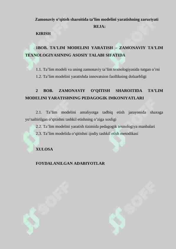 Zamonaviy o’qitish sharoitida ta’lim modelini yaratishning zaruriyati