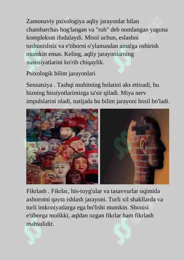 Zamonaviy psixologiya aqliy jarayonlar bilan chambarchas bog