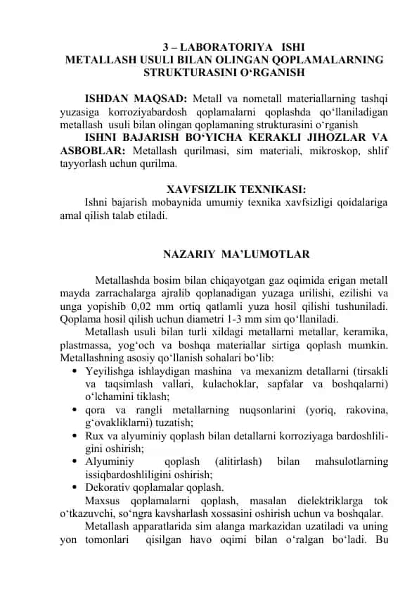 Metallash usuli bilan olingan qoplamalar strukturasi