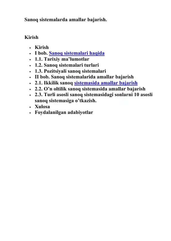 Sanoq sistemalarda amallar bajarish