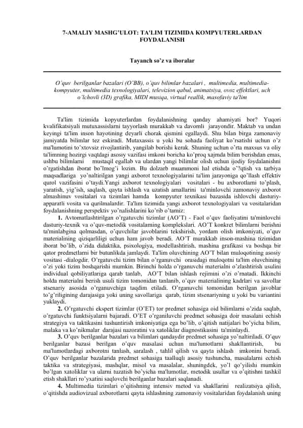 Amaliy Mashg'ulot: Ta'lim Tizimida Kompyuterlardan Foydalanish