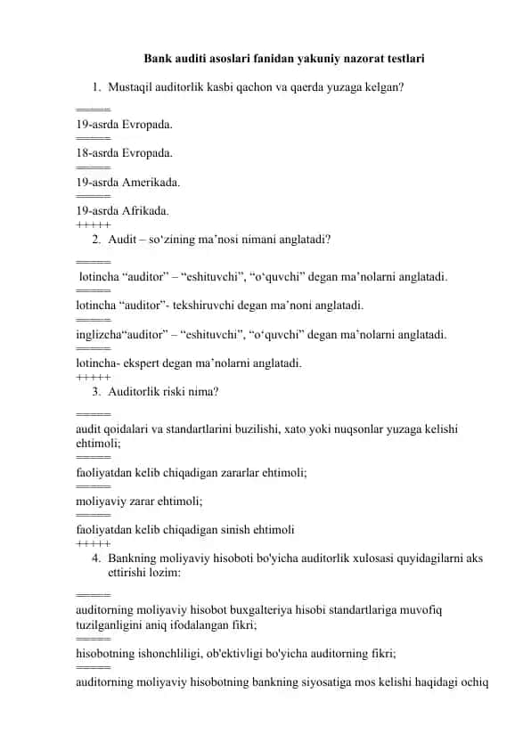 Bank auditi asoslari fanidan yakuniy nazorat testlari