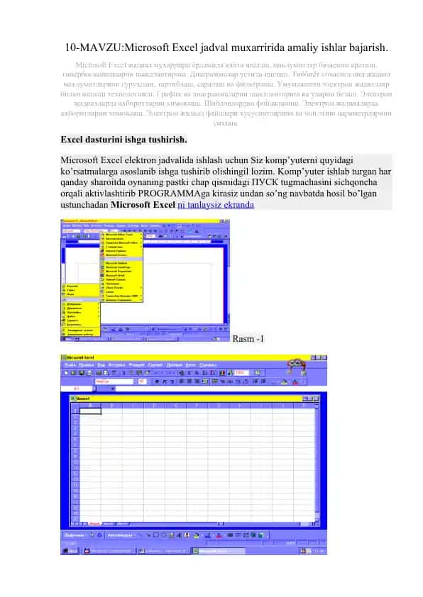 Microsoft Excel jadval muxarririda amaliy ishlar bajarish