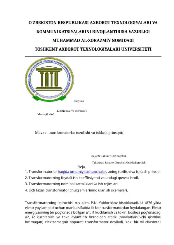 Transformatorlar tuzulishi va ishlash prinsipti