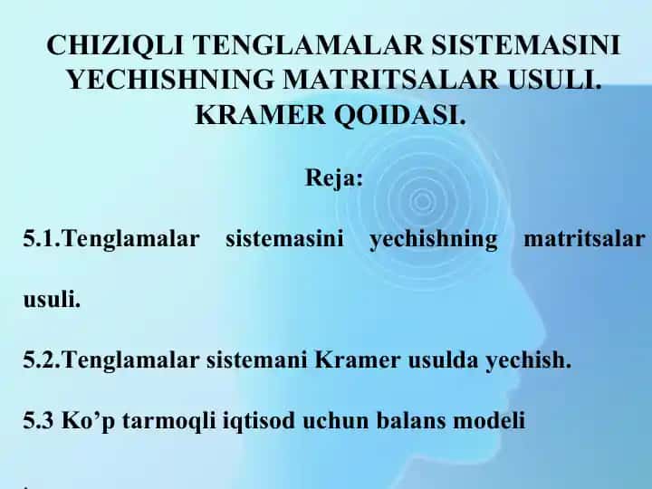CHIZIQLI TENGLAMALAR SISTEMASINI YECHISHNING MATRITSALAR USULI. KRAMER QOIDASI.