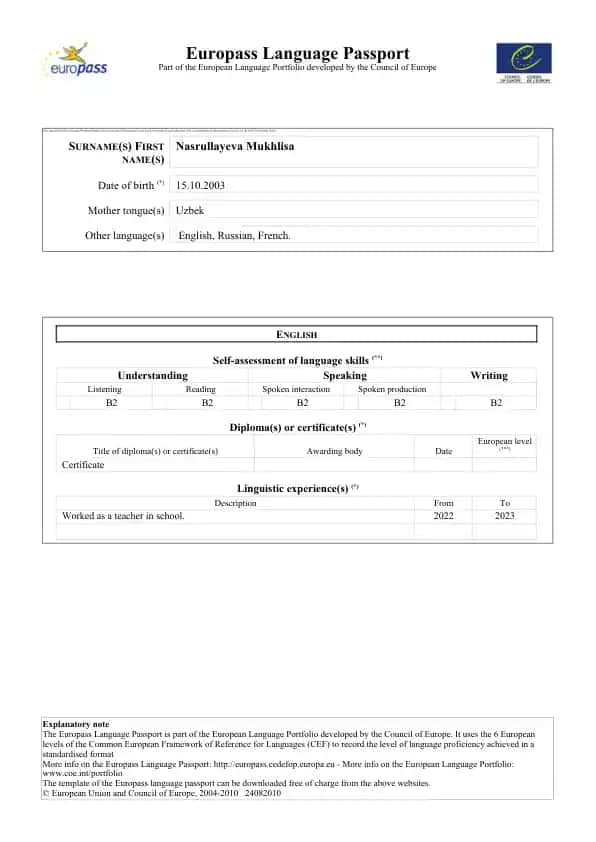 Europass Language Passport
