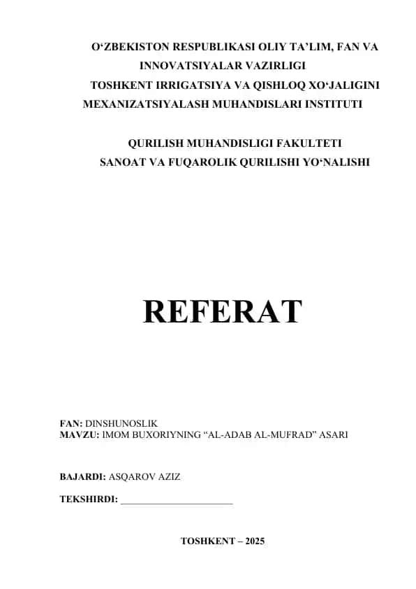 IMOM BUXORIYNING “AL-ADAB AL-MUFRAD” ASARI