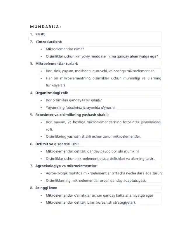 Mikroelementlar va uning o'simliklar uchun ahamiyati