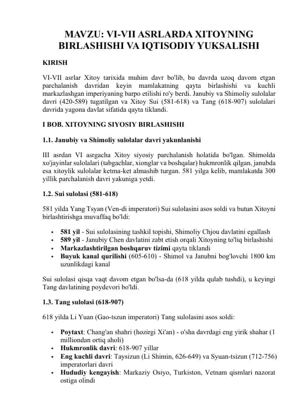 VI-VII ASRLARDA XITOYNING BIRLASHISHI VA IQTISODIY YUKSALISHI
