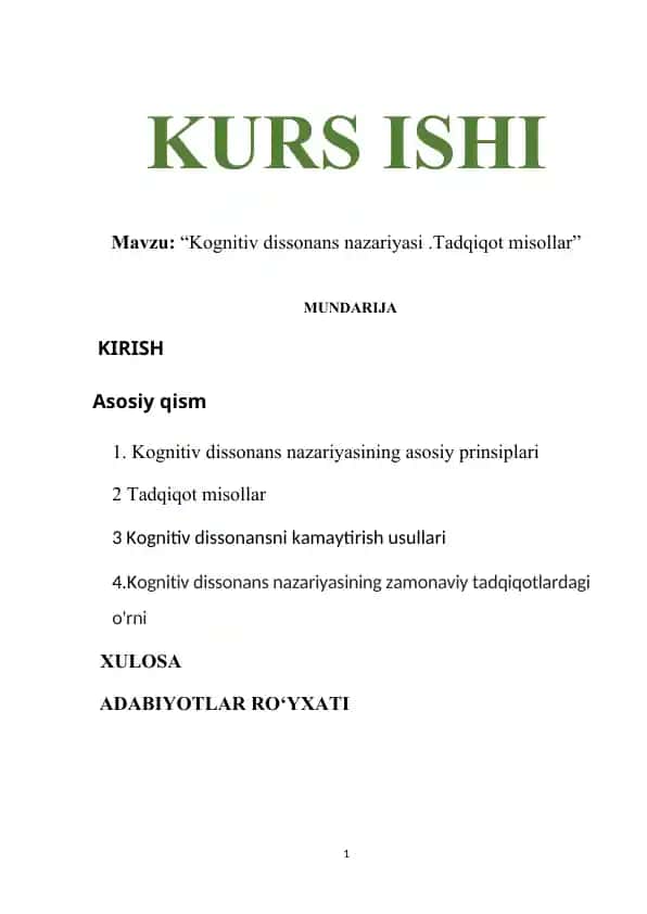 Kognitiv dissonans nazariyasi .Tadqiqot misollar