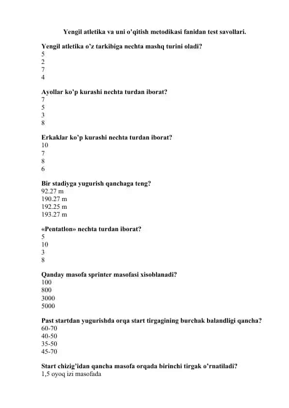 Yengil atletika va uni o‘qitish metodikasi fanidan test savollari