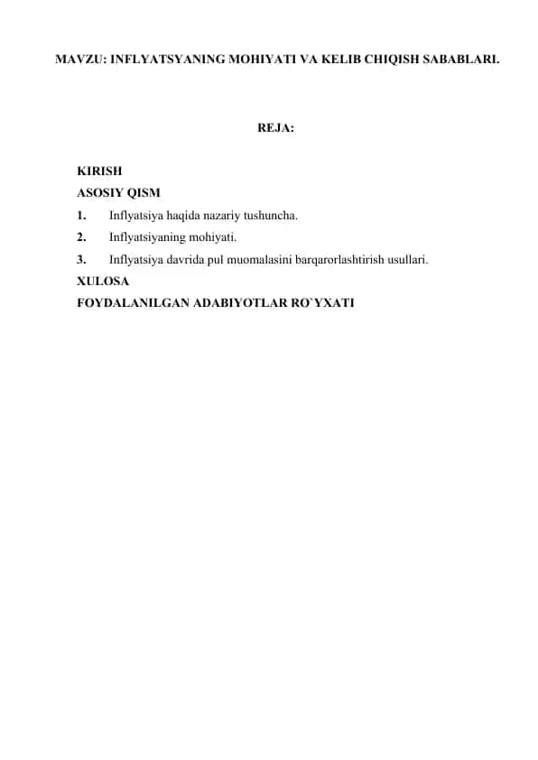Inflyatsiyaning mohiyati va kelib chiqish sabablari