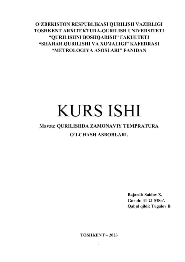 QURILISHDA ZAMONAVIY TEMPRATURA O`LCHASH ASBOBLARI