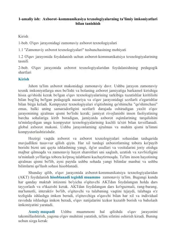 Axboorot–kommunikasiya texnologiyalarning ta’limiy imkoniyatlari bilan tanishish