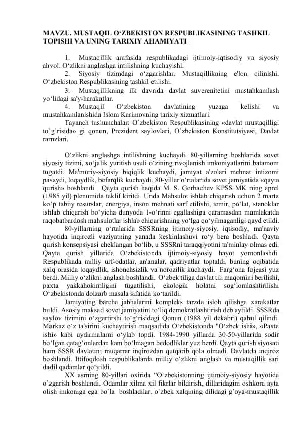 Mustaqil O‘zbekiston Respublikasining tashkil topishi va uning tarixiy ahamiyati