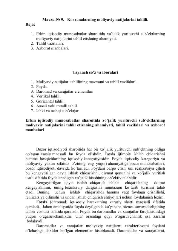 Korxonalarning moliyaviy natijalarini tahlili