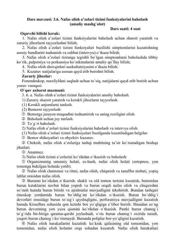 Nafas olish a’zolari tizimi funksiyalarini baholash