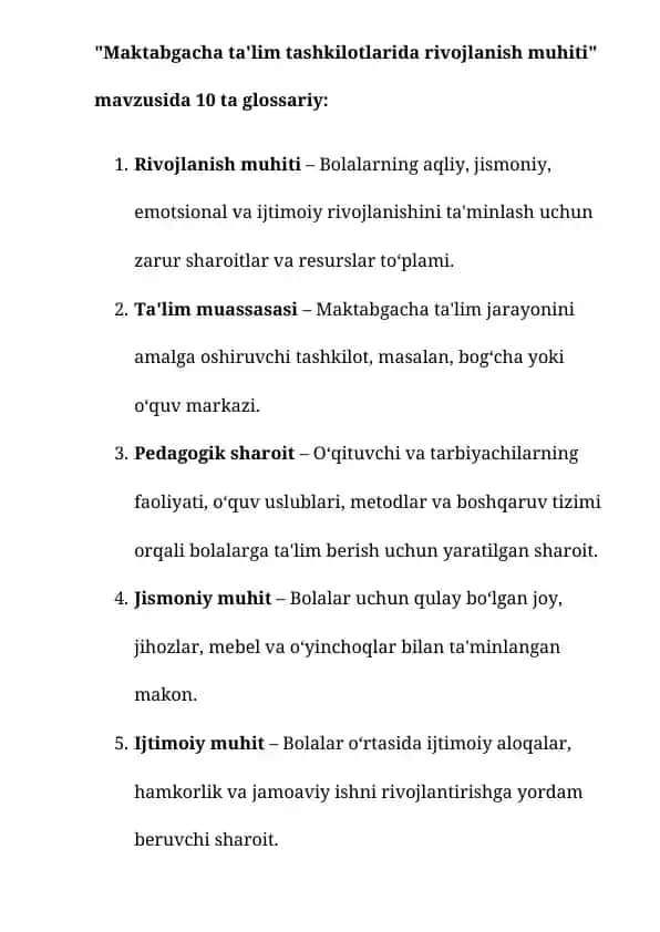 Maktabgacha ta'lim tashkilotlarida rivojlanish muhiti glossariysi
