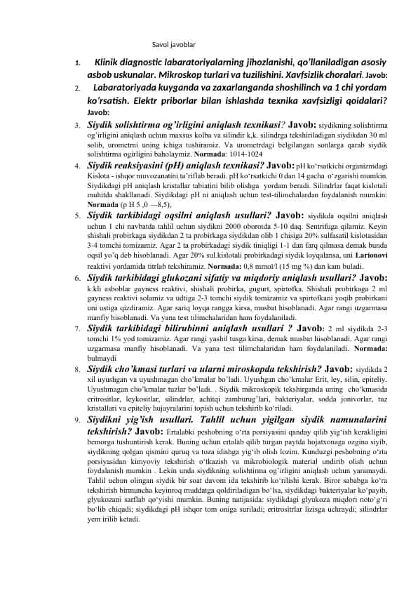 Klinik diagnostika laboratoriya savol-javoblar to‘plami