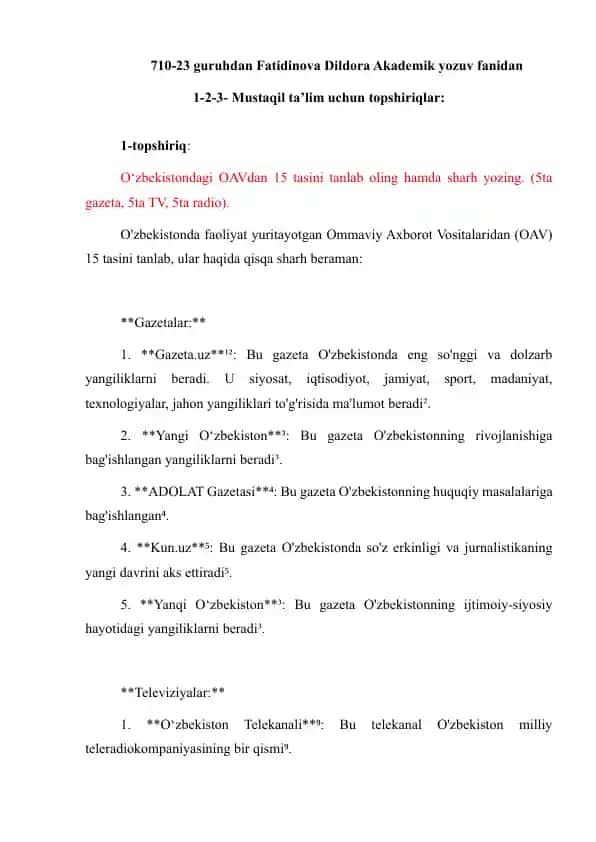 Mustaqil ta’lim uchun topshiriqlar