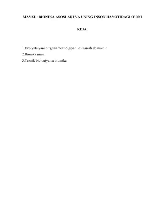 Bionika asoslari va uning inson hayotidagi o'rni