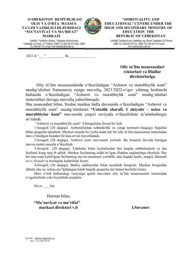"Axborot va murabbiylik soati" mashg'ulotlari