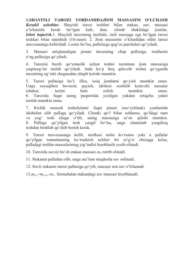 Shayinli tarozi yordamida jism massasini o‘lchash