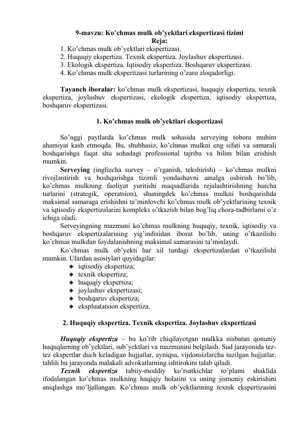 Ko’chmas mulk ob’yektlari ekspertizasi tizimi