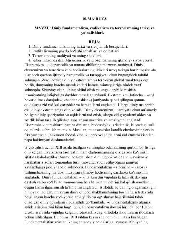 Diniy fundamentalizm, radikalizm va terrorizm