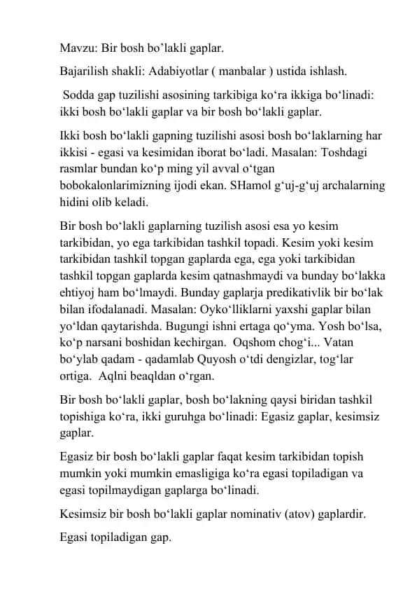 Bir bosh bo’lakli gaplar