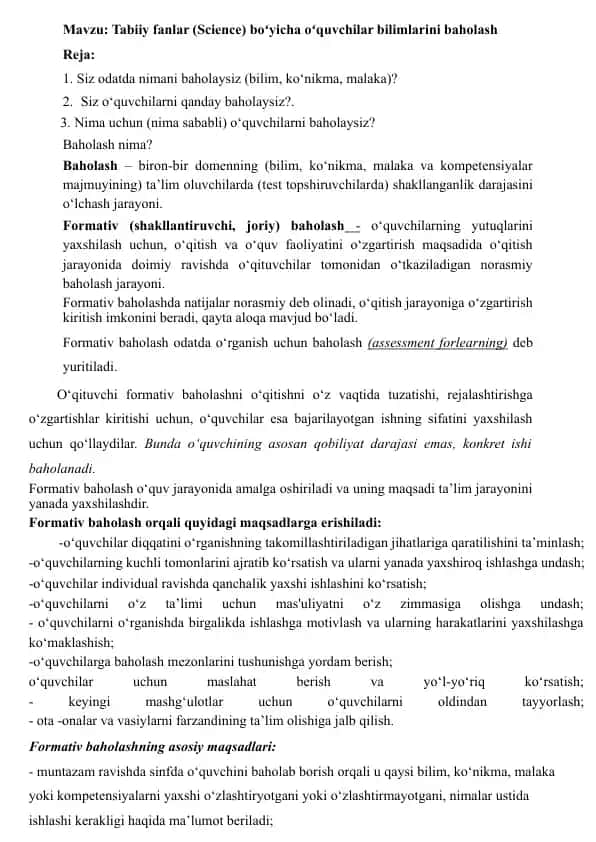 Tabiiy fanlar (Science) boʻyicha oʻquvchilar bilimlarini baholash