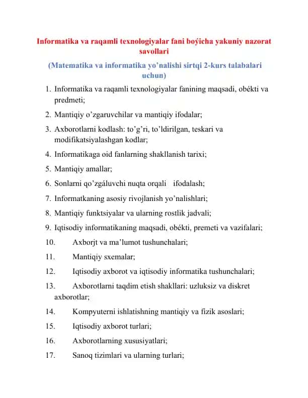 Informatika va raqamli texnologiyalar fani boýicha yakuniy nazorat savollari