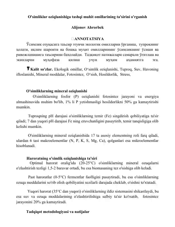O'simliklar oziqlanishiga tashqi muhit omillarining ta'siri