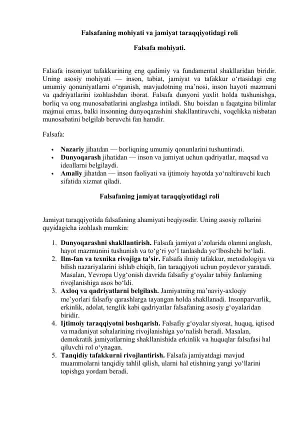 Falsafa mohiyati va jamiyat taraqqiyotidagi roli