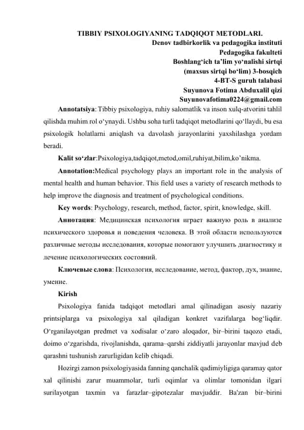 Tibbiy psixologiyaning tadqiqot metodlari