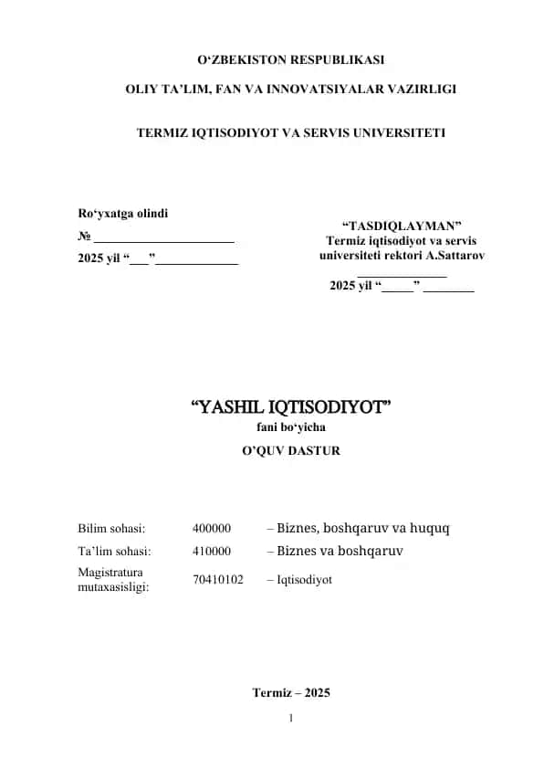 YASHIL IQTISODIYOT fani bo‘yicha O’QUV DASTUR