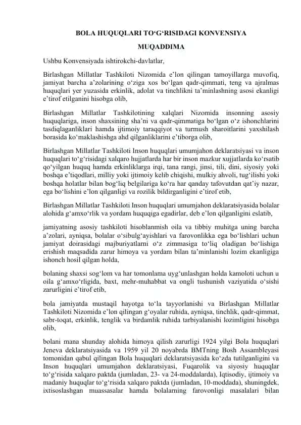 BOLA HUQUQLARI TO‘G‘RISIDAGI KONVENSIYA