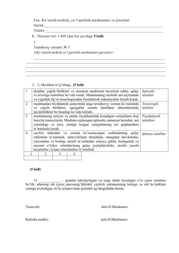 Ko’tarish-tashish, yo’l qurilish mashinalari va jixozlari