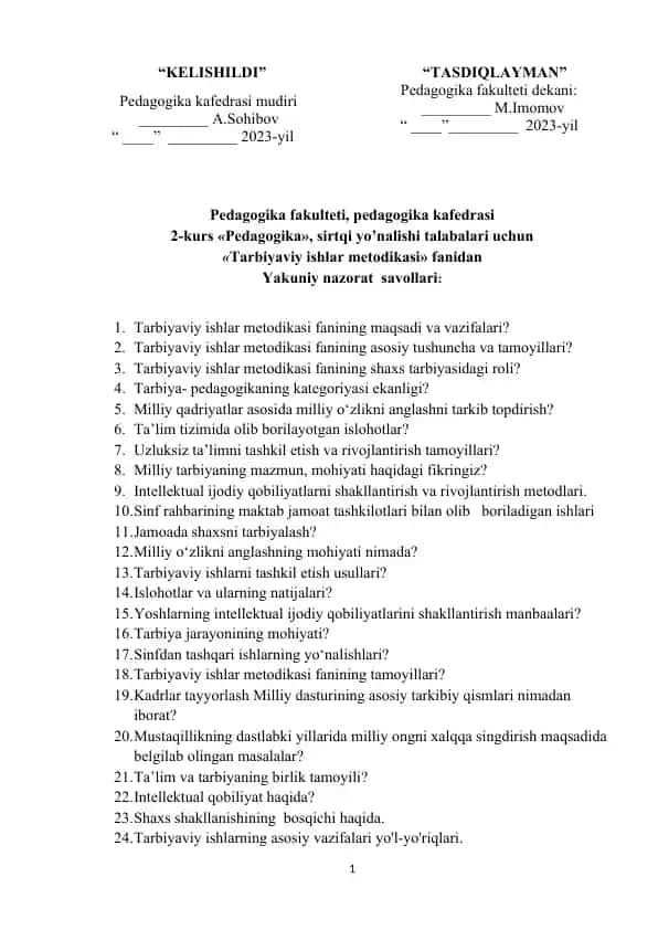 Tarbiyaviy ishlar metodikasi fanidan yakuniy nazorat savollari