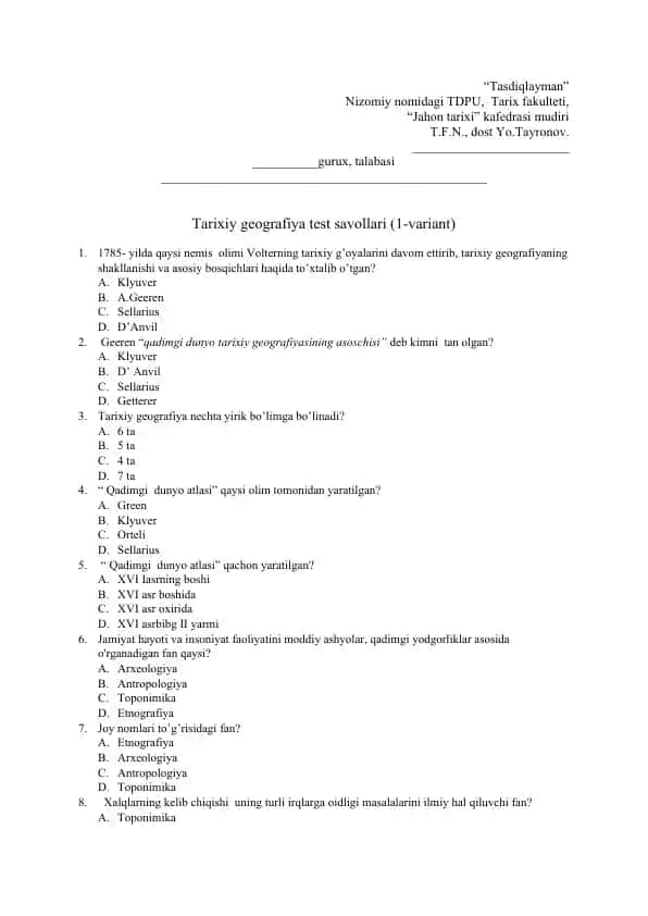 Tarixiy geografiya test savollari (1-variant)