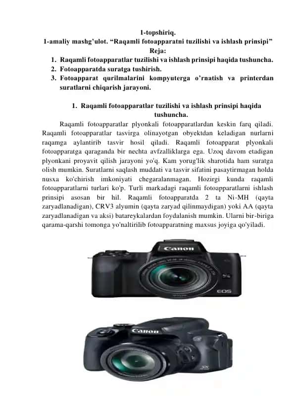 Raqamli fotoapparat tuzilishi va ishlash prinsipi