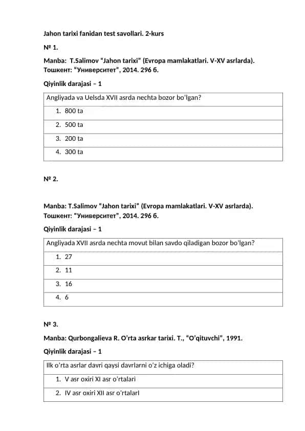 Jahon tarixi fanidan test savollari. 2-kurs
