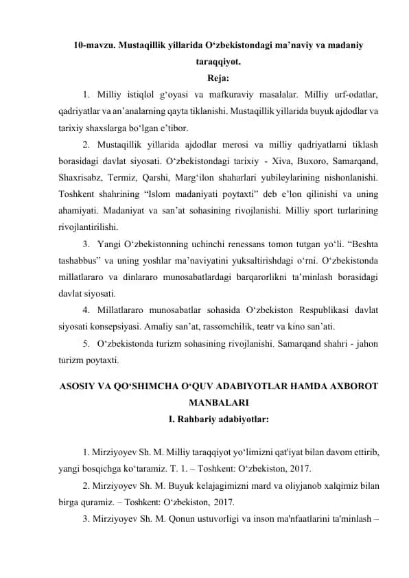 O‘zbekistondagi mustaqillik yillarida ma’naviy va madaniy taraqqiyot