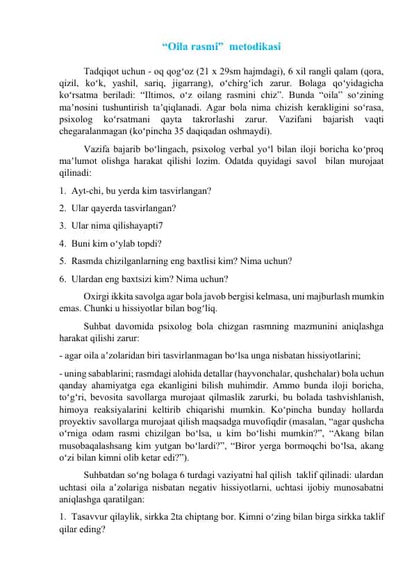 "Oila rasmi" metodikasi