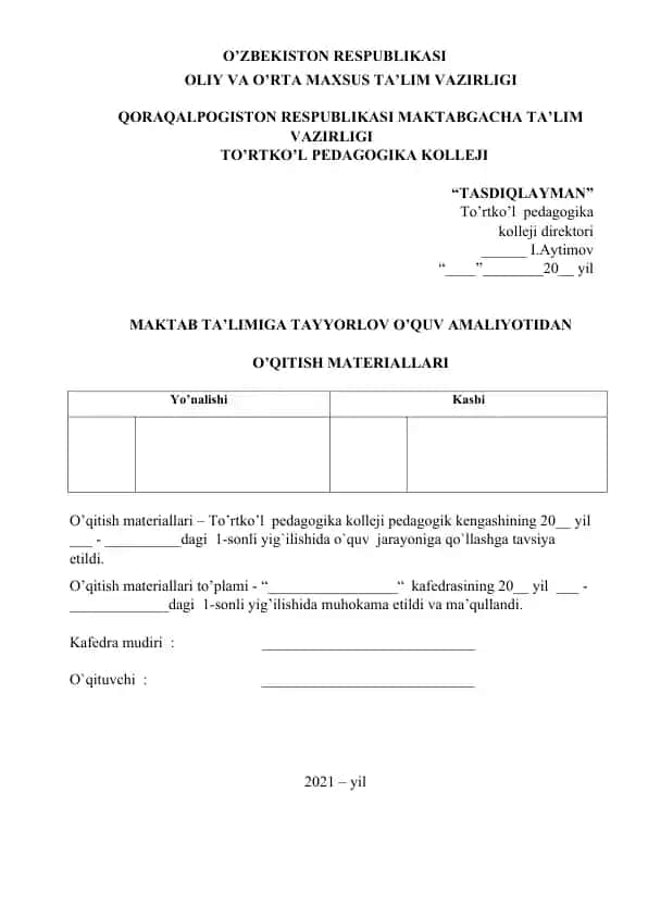 Maktab ta’limiga tayyorlov o‘quv amaliyotidan o‘qitish materiallari