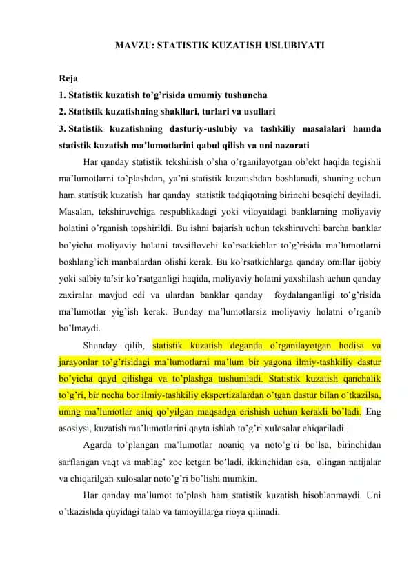 STATISTIK KUZATISH USLUBIYATI