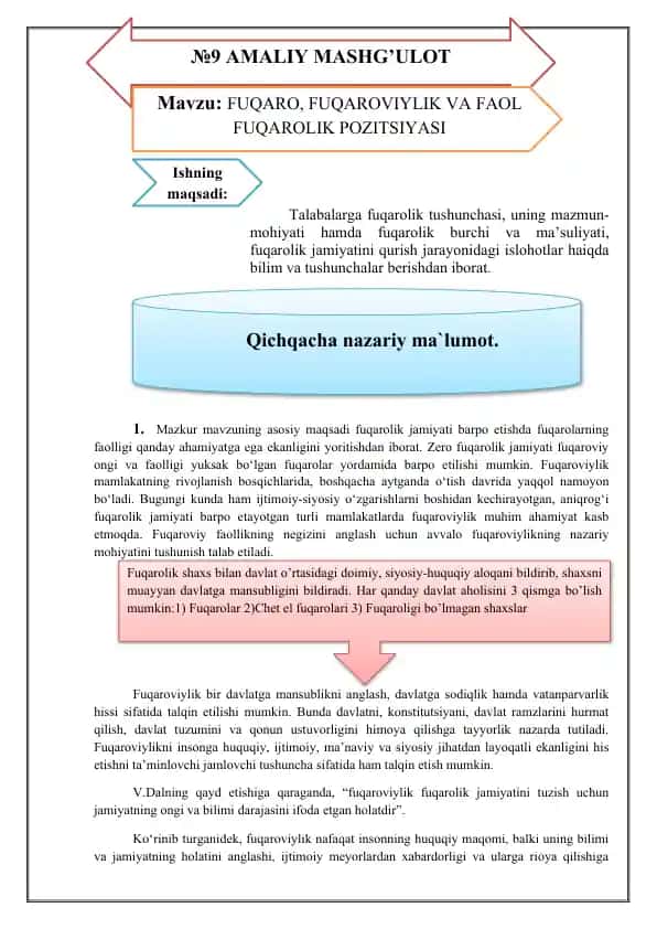 FUQARO, FUQAROVIYLIK VA FAOL FUQAROLIK POZITSIYASI