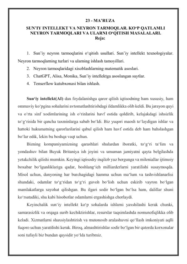 Sun'iy Intellekt va Neyron Tarmoqlari