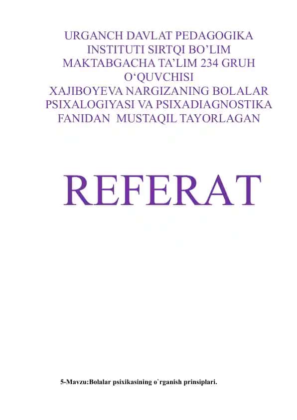 Bolalar Psixologiyasi va Psixadiagnostika Referat